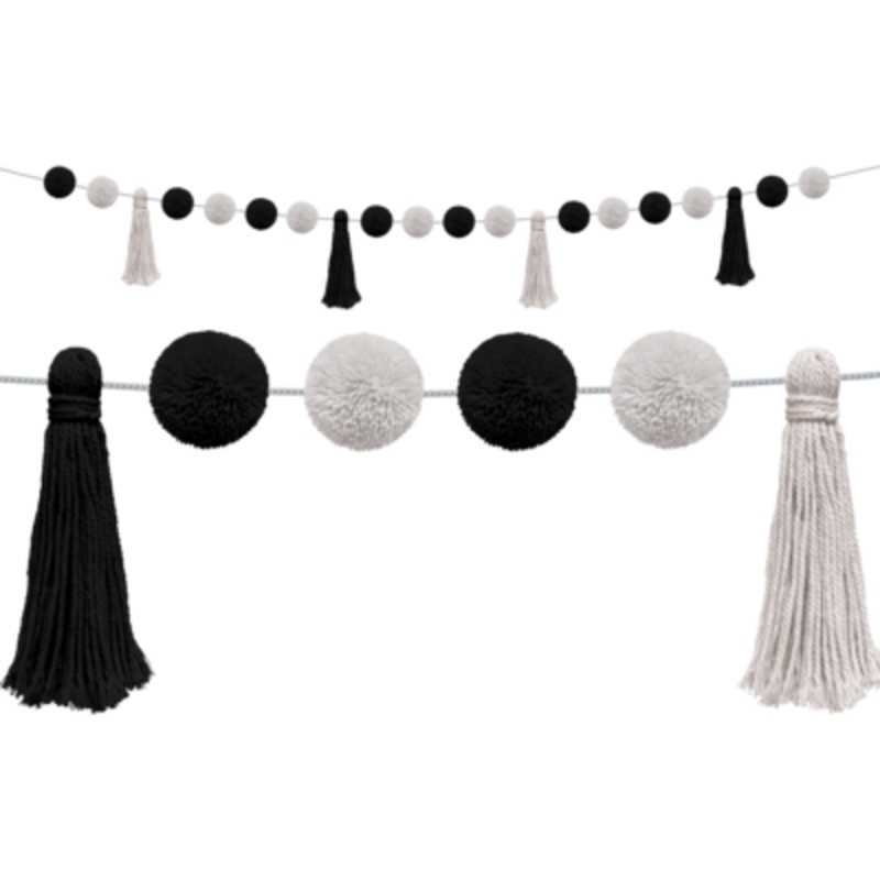 Black and White Pom Poms and Tassels Garland
