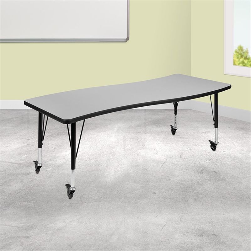 Flash Furniture 26 x 60 in. Mobile Rectangular Wave Flexible Collaborative Laminate Activity Table wth Height Adjustable Short Legs Grey
