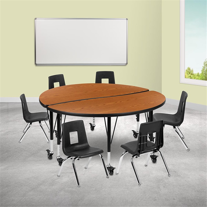 Flash Furniture 47.5 in. Mobile Circle Wave Flexible Laminate Activity Table Set with 12 in. Student Stack Chairs Oak & Black